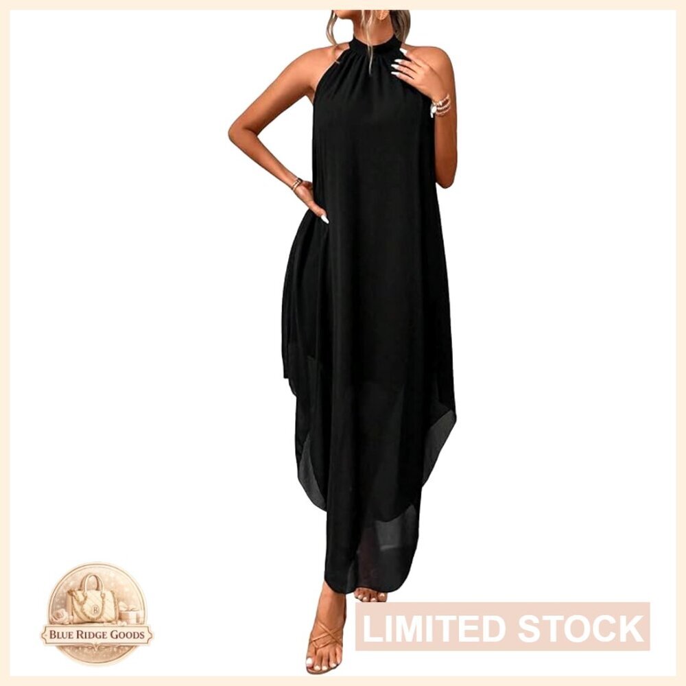 Elegant Halter Maxi Dress Flowy Chiffon Asymmetrical Formal Wedding Guest Wear